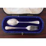 Cased Silver brightly cut Spoon & Fork in fitted velvet lined case Sheffield 1904 62g total weight