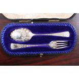 Cased Silver brightly cut Spoon & Fork in fitted velvet lined case Sheffield 1904 62g total weight