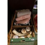 Box of assorted Ceramics and bygones inc. Drinking Horn, Ginger Jar etc