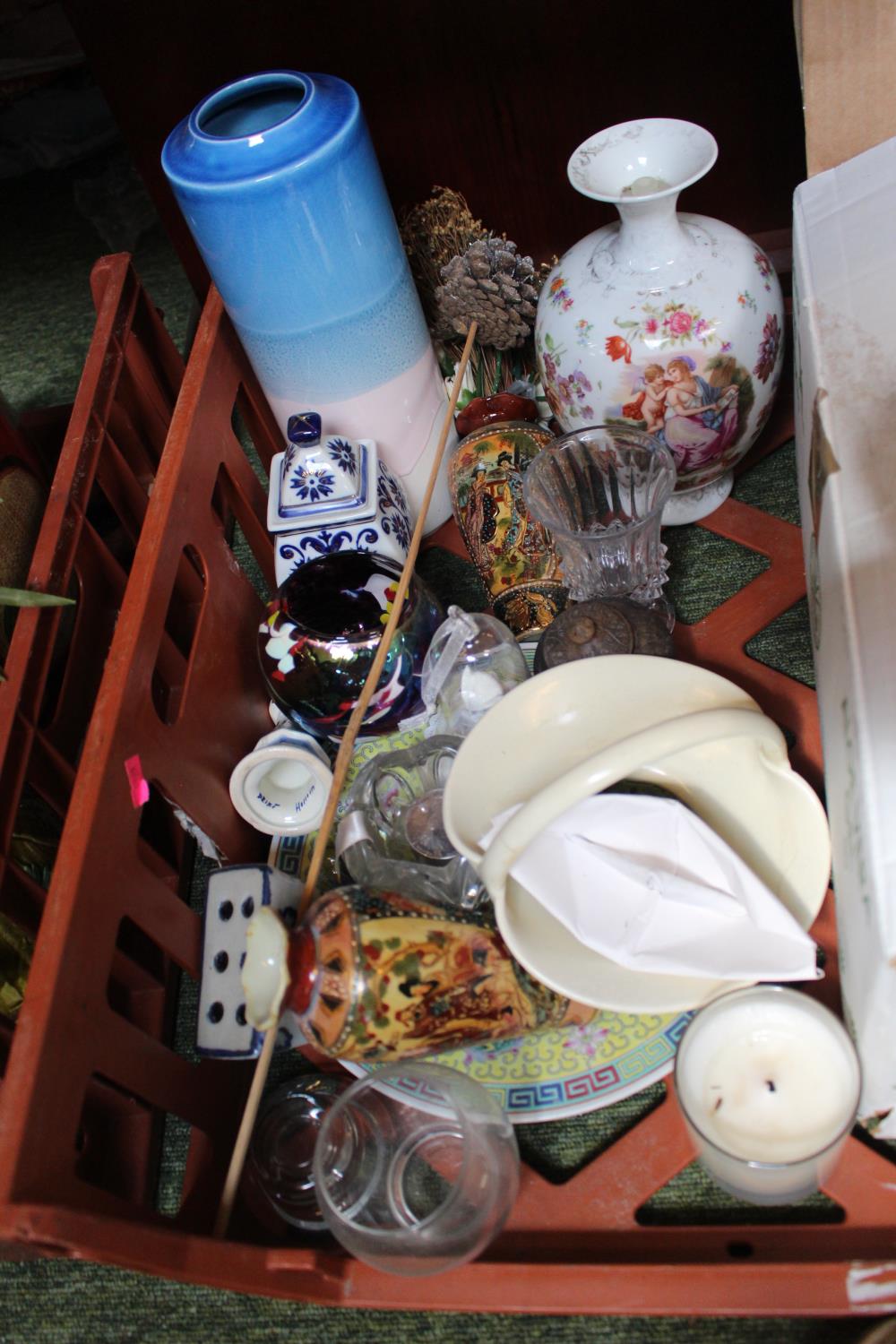 2 Trays of assorted Ceramics , glassware and collectables inc. Majolica Jug, figural decorated - Image 2 of 4