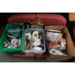 3 boxes of assorted Ceramics and bygones inc. Barometer, Japanese Coffee set etc