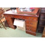 Reproduction Pedestal desk with inset Leather top and metal drop handles