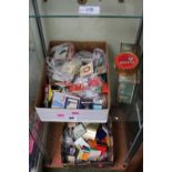 2 Boxes of assorted Stamps and 2 Advertising tin boxes