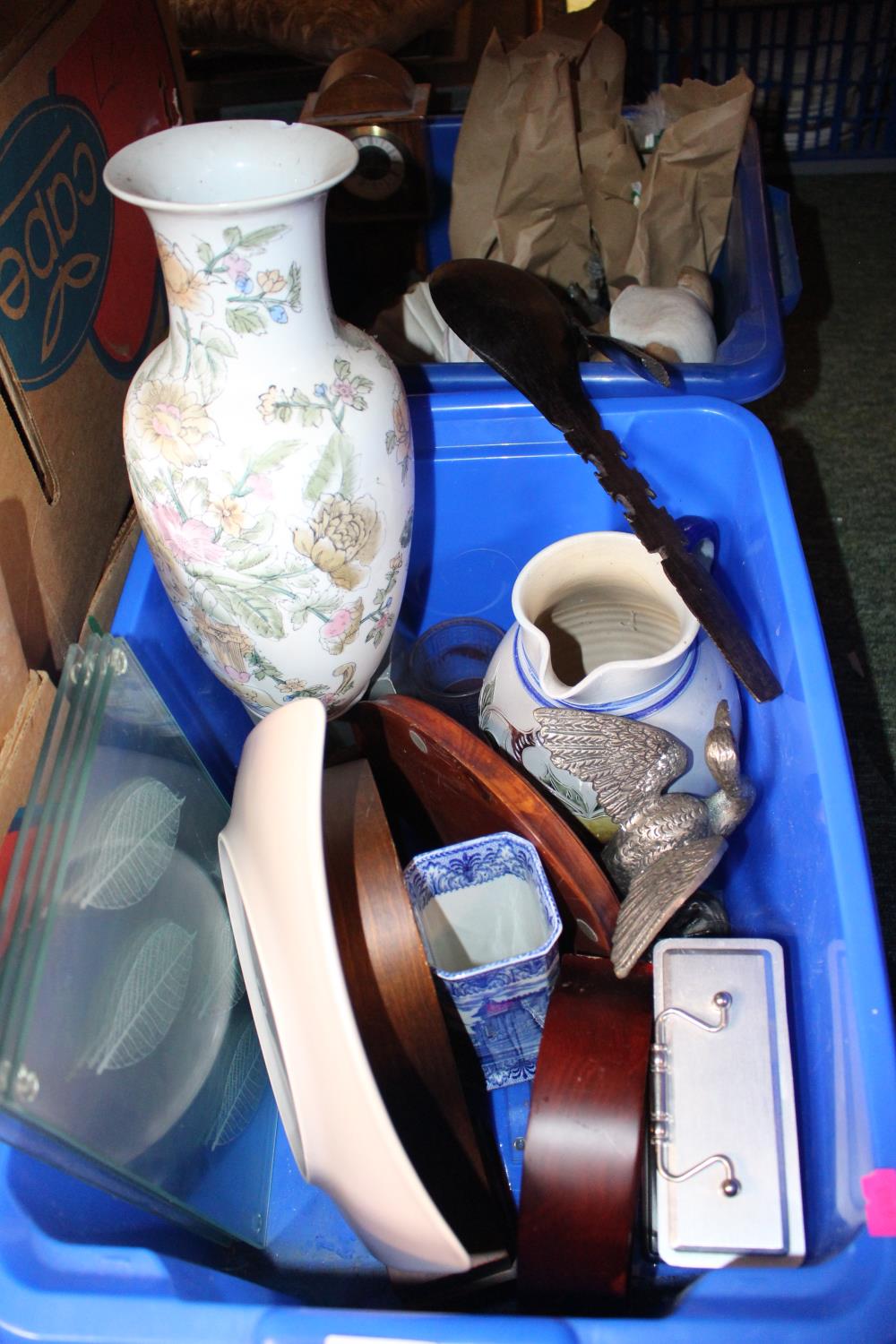 2 Boxes of assorted Ceramics and bygones inc. Cauldon Blue & White Vase etc