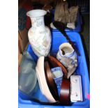 2 Boxes of assorted Ceramics and bygones inc. Cauldon Blue & White Vase etc