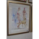 Framed and mounted watercolour by Jacqueline Jones of Newmarket of 2 figures with dog signed in