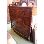 Victorian Bow fronted Chest of 3 Drawers with turned handles with Barley twist supports