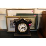 Victorian Wooden slate and marble effect clock and assorted Pictures