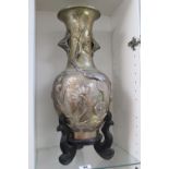 Large Chinese Brass Stork and Waterlily decorated vase 45cm on wooden scroll supported base