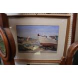 Roland Rushton watercolour of Boats in coastal scene in mount and frame