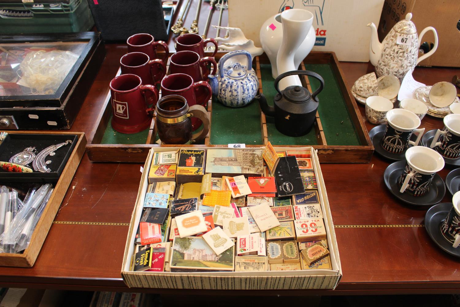 Collection of assorted Match books, 6 Whitebread Tankards, Cast Iron Kettle and assorted ceramics