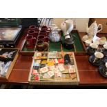 Collection of assorted Match books, 6 Whitebread Tankards, Cast Iron Kettle and assorted ceramics