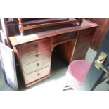 20thC Leather topped desk with circular drop handles