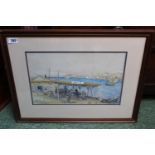 Framed and mounted watercolour of a Mediterranean coastal scene