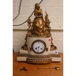 19thC French Alabaster mantel clock with gilt ormolu surmounted figure over Roman numeral dial (with