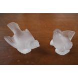 2 Lalique Frosted glass birds, heads up and heads down. 9cm in height