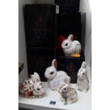 Collection of 5 Royal Crown Derby paperweights to include Rabbits with Gold stoppers and boxes