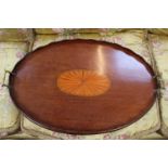 Oval Edwardian Inlaid tea tray with brass handles. 69cm in Diameter