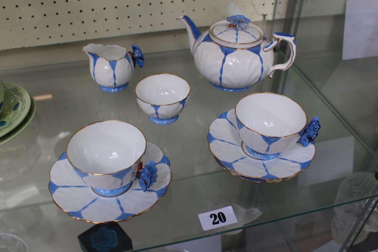Aynsley Bone China Tea Set for 2 with stylised Blue butterfly handles, comprising of Teapot, Cream
