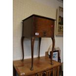 Walnut Sewing box with single drawer with brass drop handle on long cabriole legs