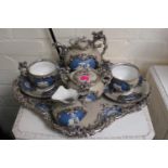 French Jasperware Tete e Tete Tea Set with applied silvered swaggered decoration, applied mark to
