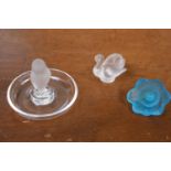 Collection of Lalique Kestrel decorated pin dish, Lalique swan and a Lalique vivid blue anemone