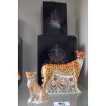 Royal Crown Derby paperweight Cheetah & Cheetah Cub with Gold stoppers and boxes