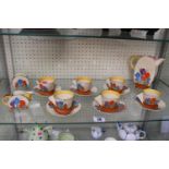 Art Deco Clarice Cliff Ceramic Crocus pattern Coffee set for 6 with Milk Jug, Sugar bowl and