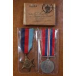 WWII St Ives 2 Medal group for G Gibbons of 43 Green Leys, St Ives with cardboard postal box