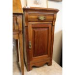 Edwardian Oak bedside cabinet with single drawer and cupboard base. 43cm in width