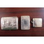 Indonesian white metal cigarette case with figural decoration, Machined Silver Match Vesta and a