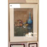 Gertrude Ashworth 1896-1996; Still Life Candleholder & Blue Vase. 35 x 52cm.