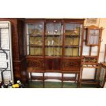 Edwardian Mahogany Inlaid Triple glass fronted China cabinet with velvet interior over apron under