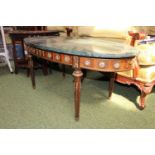 Oval Marble topped French style low table with inset ceramic plaques over tapering legs and