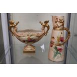Royal Worcester Blush Ivory twin handled gilt dragon handles over floral decorated panel with