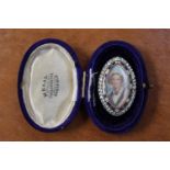 Good quality 19thC Oval Mourning brooch with inset White sapphires outside enamelled hand painted