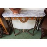 Marble topped console table on oak cruciform frame with applied ceramic plaques. 93cm in Width