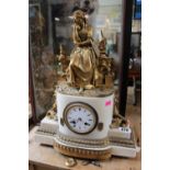 19thC French Alabaster mantel clock with gilt ormolu surmounted figure over Roman numeral dial (with