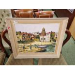 Large Oil on canvas of a Continental Harbour Scene dated 1961 signature to bottom left