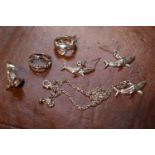 3 Shark Silver Rings and a Silver Shark necklace and earring suite 24g total weight