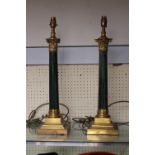 Pair of Corinthian Green Marble column table lights with brass fittings. 54cm in Height