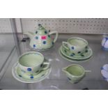 Clarice Cliff Bizarre Polka Dot Tea set for 2 of green ground comprising of Teapot, Cream jug, 2