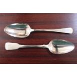 19thC Silver fiddle pattern table spoon and a Simple design Silver table spoon. 138g total weight