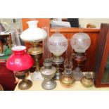 Collection of 19thC and later Oil Lamps inc. Brass Reservoir with Marble base, Cast Iron Foliate