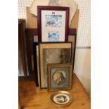 Collection of assorted Pictures and Prints inc. SIlver embroidery of Jesus