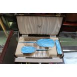 Good quality Art Deco Silver Blue enamelled dressing able set in retailers case by Terry & Co