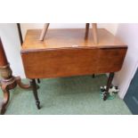 19thC Mahogany drop leaf table with single drawer over turned legs.