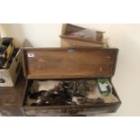 Collection of Vintage Tools in workbox, Galvanised tin and contents etc