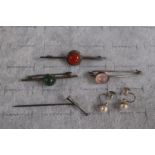 3 Edwardian Silver bar brooches, SIlver Hunting Horn Stick Pin and a Pair of Silver Cultured Pearl