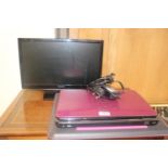 Dell Laptop with charger, tray and a Samsung LCD TV